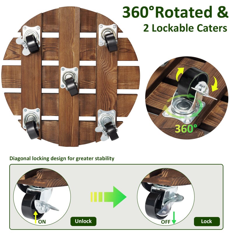 Yangbaga 2pack Plant Caddy 12â€™â€™Wood Duty Rolling Plant Stand with 2 360Â° Lockable Caster Wheels,Indoor Outdoor on Roller Patio/Flower Pot/Succulent Pots - Image 2